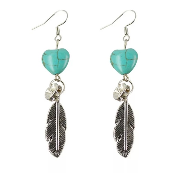 Long Western Boho Feather & Turquoise Earrings - Picture 2 of 3